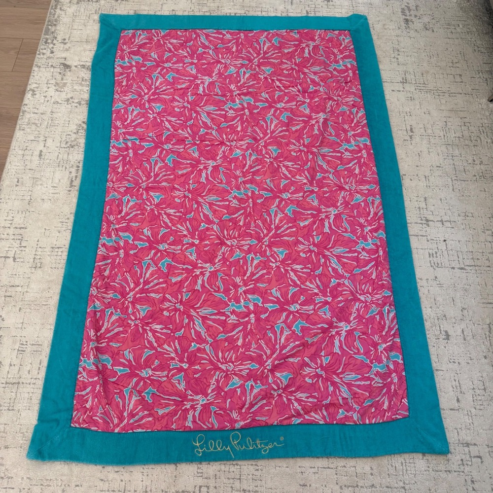 Lilly Pulitzer Pink Floral Teal Border Cotton Beach Towel Blanket Embroidered 72